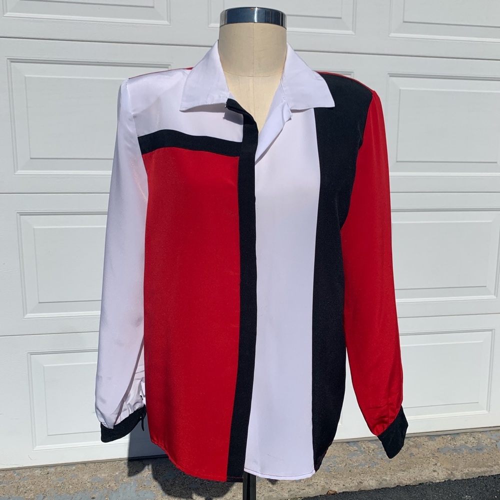Vintage Color Block Blouse ♥️🤍🖤